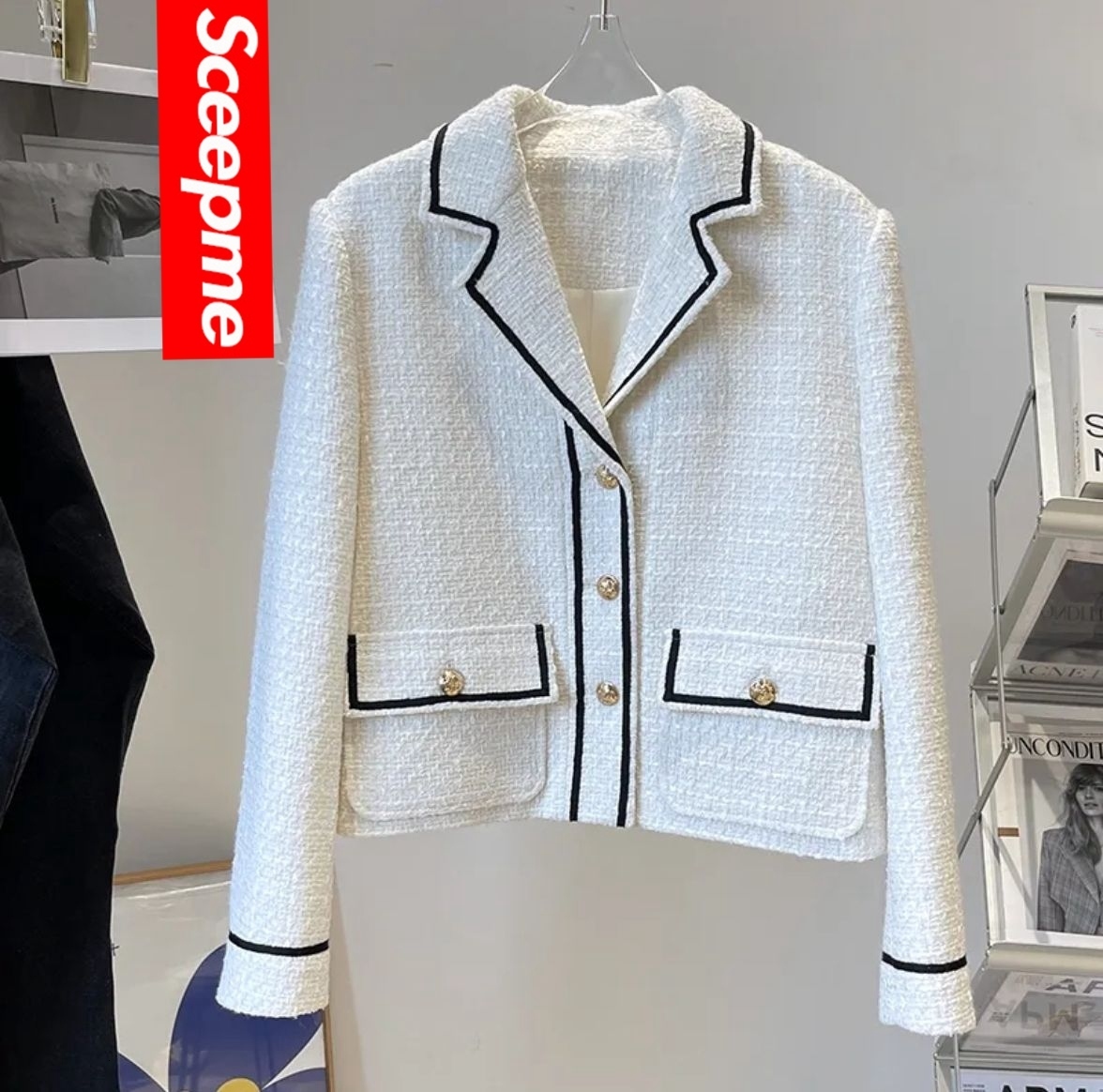 Women's Jackets Button Autumn Spring Loose Lattice Woolen Blazer Short Jacket Temperament Nylon Knitted Cardigan Outwear Female Office Lady 23082