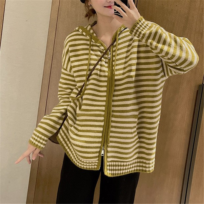 Women's Knits Tees Patchwork Easy Matching Long Sleeve Sweater Cardigan Mujer Autumn Spring Striped Hooded Zip Soft 230821
