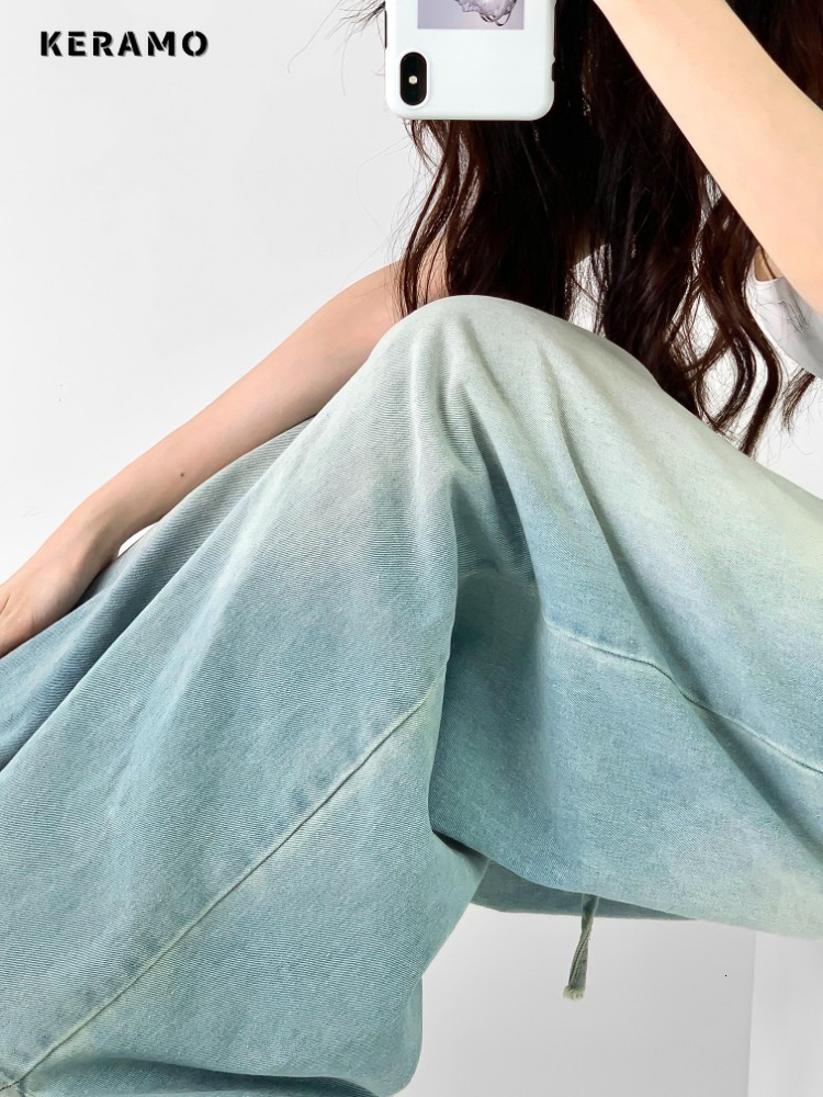 Women's Jeans Vintage High Waist Street Style Belted Blue Straight Pants Korean Fashion Wide Leg Baggy Y2K Denim Trouser 230821