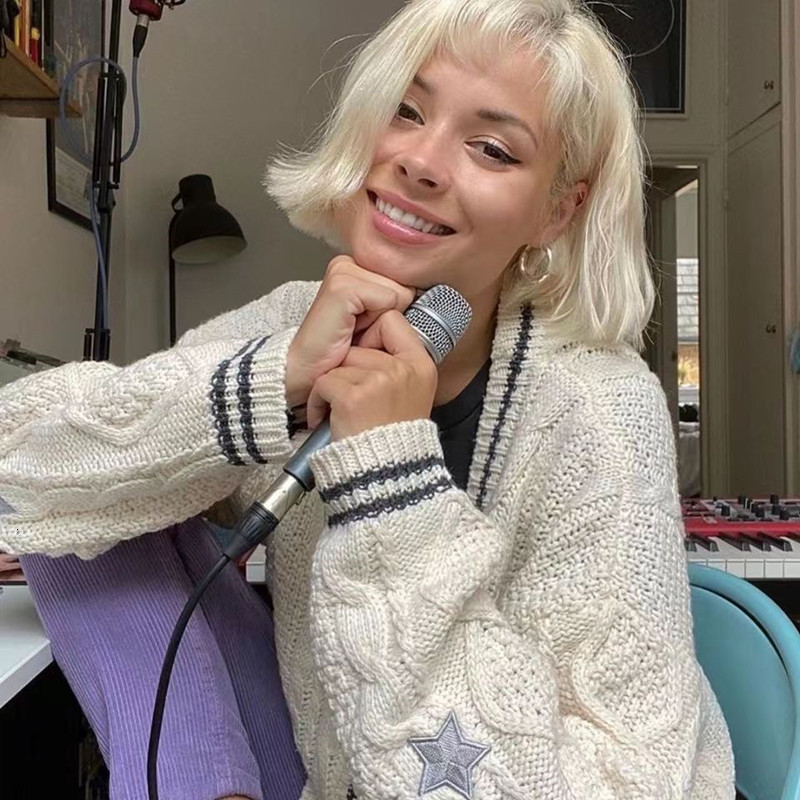 Womens Knits Tees Women Autumn Fashion V Neck Long Sleeve Star Embroidery Knitted Cardigan Ladies Casual Loose Single Breasted Vintage Sweater 230821