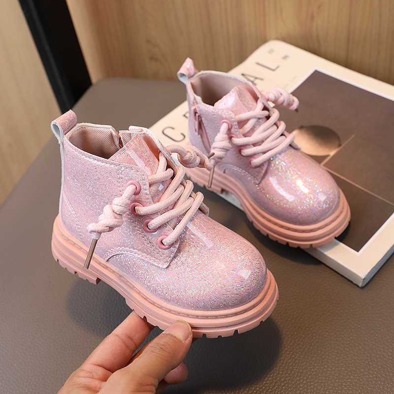 Boots 2023 New Girls Ankle Boots Shiny Pink Versatile Princess Shoes Kids Fashion Casual Boots Side Zipper Children Shoes R230822