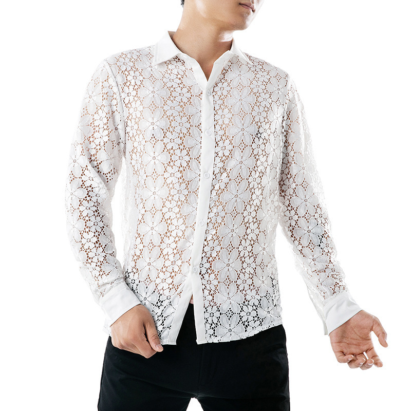 Men's Casual Shirts Lace Transparent Hollow Out Mens Long Sleeved Lapel Shirt Fashion Nightclub Stage Costumes Clothing Streetwear For Men 230822
