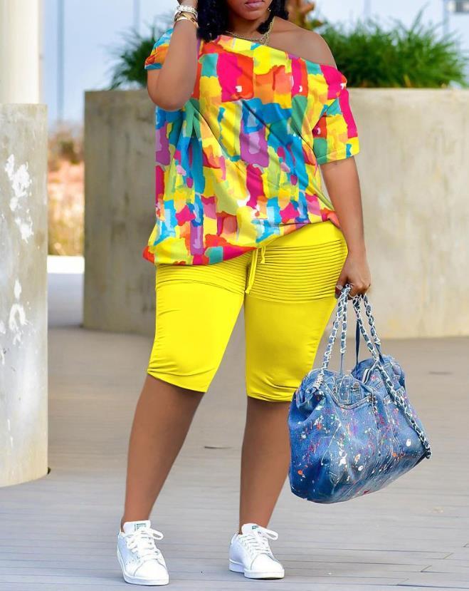 Women's Two Piece Pants Womens Two Piece Sets Outfit Melting Colors All Over Print Skew Neck Top Shorts Set Fashion Summer Casual Female Suit 230