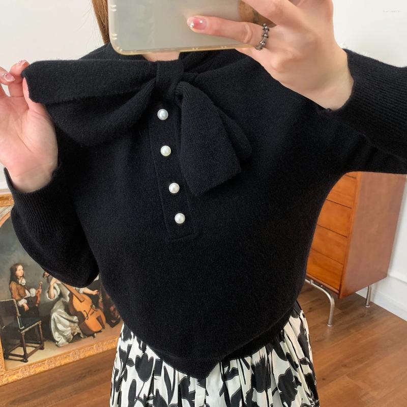 Women's Sweaters 2023 Autumn Ladies Pearl Button Bow Tie Long Sleeve Knitwear
