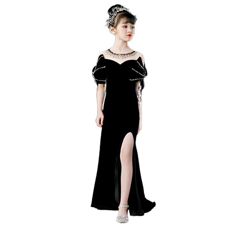 Veet Black Flower Girl For Wedding Long Mermaid Floral Appliques Girls Pageant Dress A Line Kids Birthday Gowns Princess Children Wed Party Dresses 40
