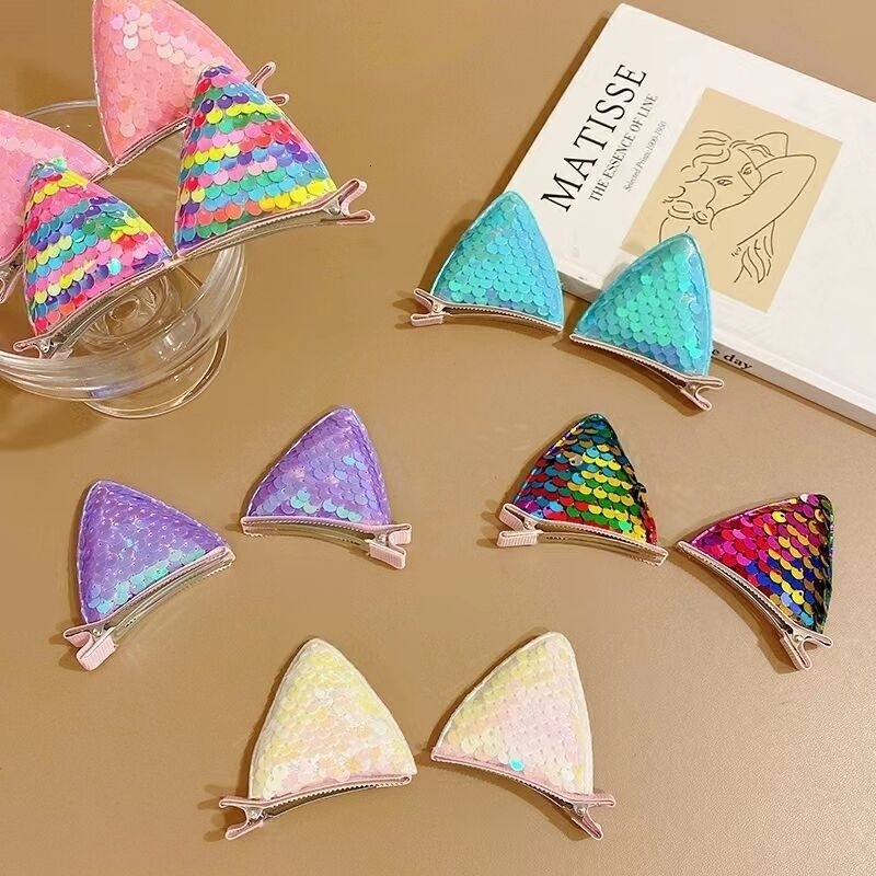 Hair Clips Barrettes 2PCS Set Glittery Sequins Color Cat Ear For Girl Children Cute Kawaii Cosplay Fairy Hairpin Fashion Accessories Party 230822
