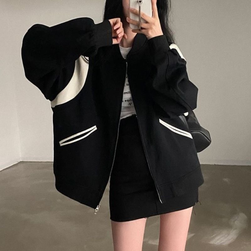 Womens Jackets HOUZHOU Korean Fashion Bomber Jacket Women Vintage Streetwear Oversized Zipper Black Casual Chic Aesthetic Autumn Coat 230822