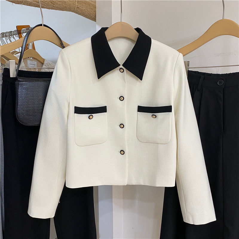 Women's Jackets Button Autumn Spring Loose Lattice Woolen Blazer Short Jacket Temperament Nylon Knitted Cardigan Outwear Female Office Lady 23082