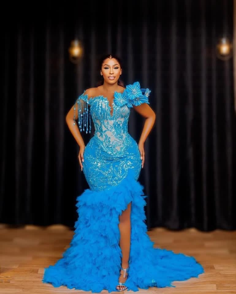 Aso August Ebi Blue Mermaid Prom Dress Beaded Lace Crystals Evening Formal Party Second Reception Birthday Engagement Gowns Dresses Robe De Soiree Zj 