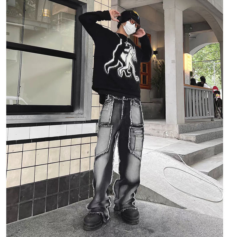 Men's Jeans Men's Women's Y2K Jeans Oversized Denim Pants Straight Trousers Patchwork Black Gothic Baggy Jeans Y2K Streetwear Techwear 
