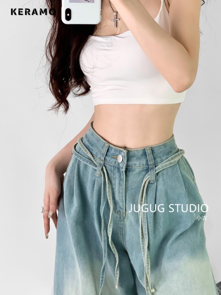Women's Jeans Vintage High Waist Street Style Belted Blue Straight Pants Korean Fashion Wide Leg Baggy Y2K Denim Trouser 230821