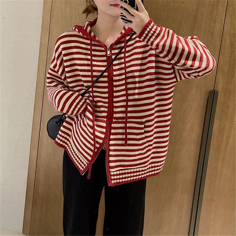 Women's Knits Tees Patchwork Easy Matching Long Sleeve Sweater Cardigan Mujer Autumn Spring Striped Hooded Zip Soft 230821