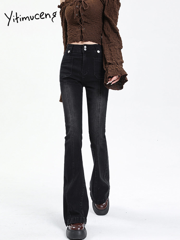 Women's Jeans Yitimuceng High Waisted for Women Stretch Vintage Streetwear Slim Skinny Washed Bleached Flare Pants Y2k 230821