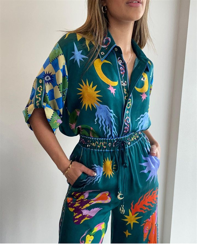 Women's Two Piece Pants Green Cartoon Print Long Pant Suit Women Elegant Turn Down Collar Shirts Loose Wide Leg Pants 2 Pieces Sets Women Outfits