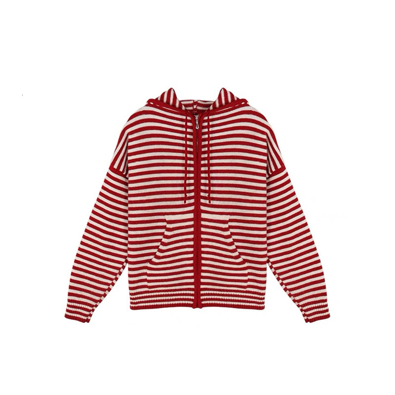 Womens Knits Tees Korean Fashion Stripes Hooded Knit Cardigan Woman Red Loose Casual Autumn Winter Sweater Zipper Coat Oversized Long Sleeve Top 23082