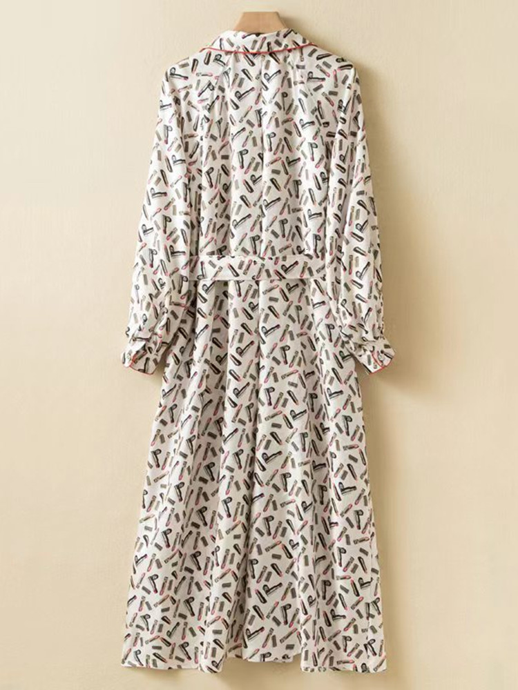 Basic Casual Dresses Women Lipstick Pattern Printed MidCalf Dress 100% Silk TurnDown Collar Long Sleeve Autumn Female Elegant LaceUp Robe 230821