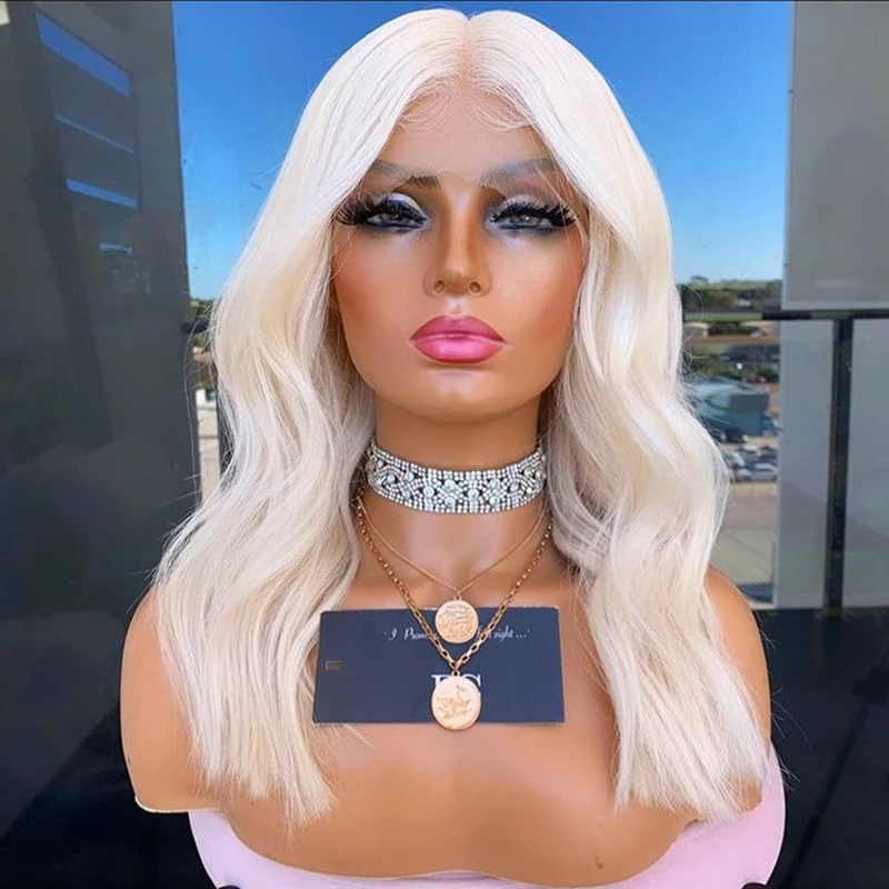 Free shipping 60 Platinum Short Bob Human Hair Wigs White Blonde Colored Front Loose Wave HD Transparent Lace Frontal Wig Preplucked