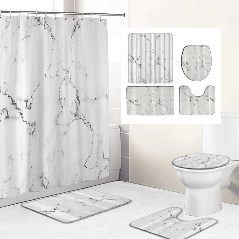 Shower Curtains Art Marble Pattern Golden Waterproof Shower Curtain Set Cover Mat slip Bath Rugs Home Bathroom Carpet Christmas Decor R230822