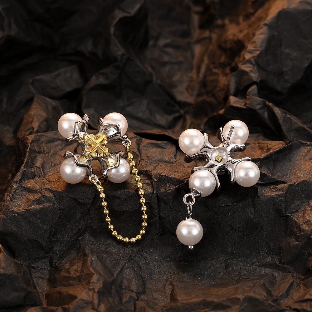 Ear Cuff F I N S Asymmetric 925 Sterling Silver Shell Pearl Earrings Baroque Cross Piercing Bead Chain Punk Rock Studs Fine Jewelry 230822