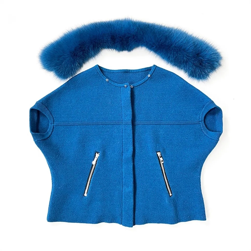 Womens Knits Tees Autumn Winter Arrival Ladies Wool Knit Coat Short Sleeve Knitted Sweater With Fox Fur Collar 230821