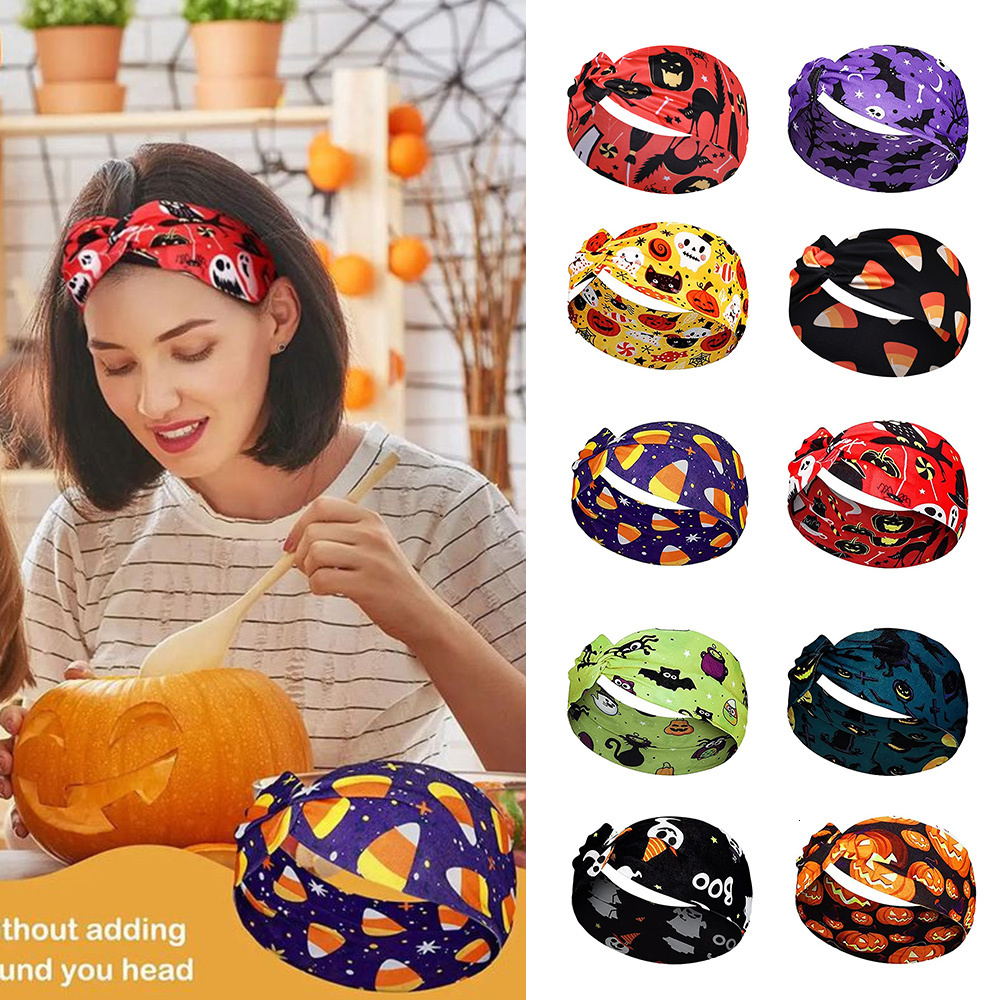 Hair Clips Barrettes Halloween Print Wide Headbands Vintage Knot Elastic Turban Headwrap for Women Girls Bandana Cosplay Accessories 230822