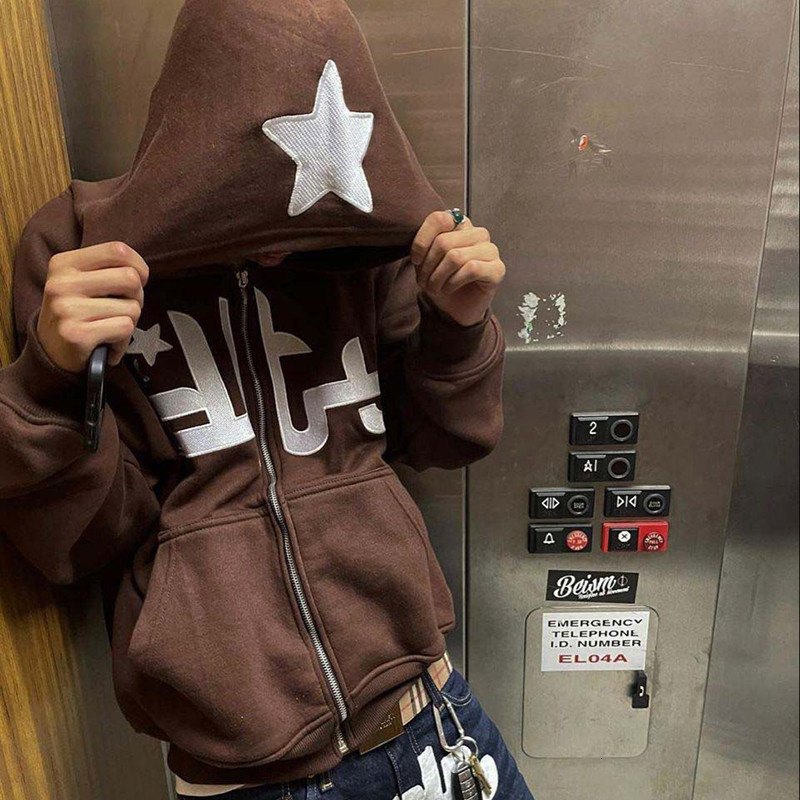 Men's Hoodies Sweatshirts Y2k Men Hoodie Letter Stars Print Loose Streetwear Zip Up Hoodie Long Sleeve Sweatshirts Gothic Jackets Sport Coats Ove