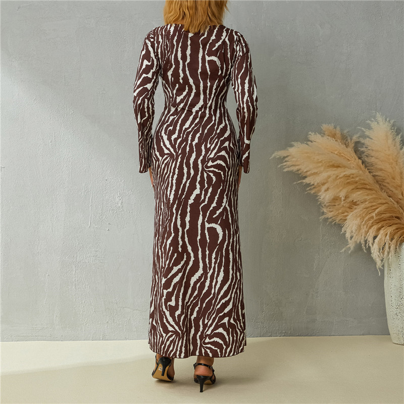Basic Casual Dresse Leisure Style Zebra Print Long Dress Retro Sleeve Flared Cuff Round Collar Slim Fit Summer Vintage 230822
