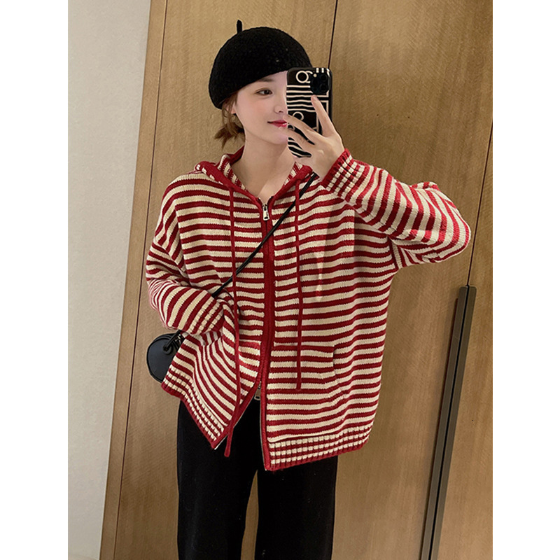 Womens Knits Tees Korean Fashion Stripes Hooded Knit Cardigan Woman Red Loose Casual Autumn Winter Sweater Zipper Coat Oversized Long Sleeve Top 23082