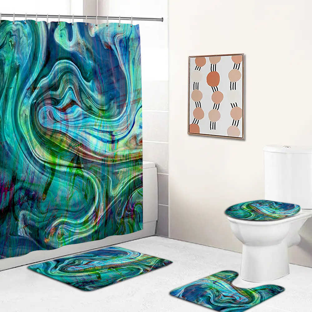 Shower Curtains Art Marble Pattern Golden Waterproof Shower Curtain Set Cover Mat slip Bath Rugs Home Bathroom Carpet Christmas Decor R230822