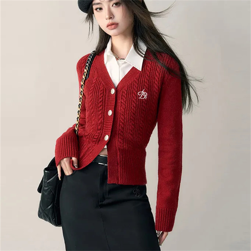 Womens Sweaters Vintage Letter Embroidery Cardigan Women Long Sleeve Single Breasted Twisted Knitted Korean Clothing 230822