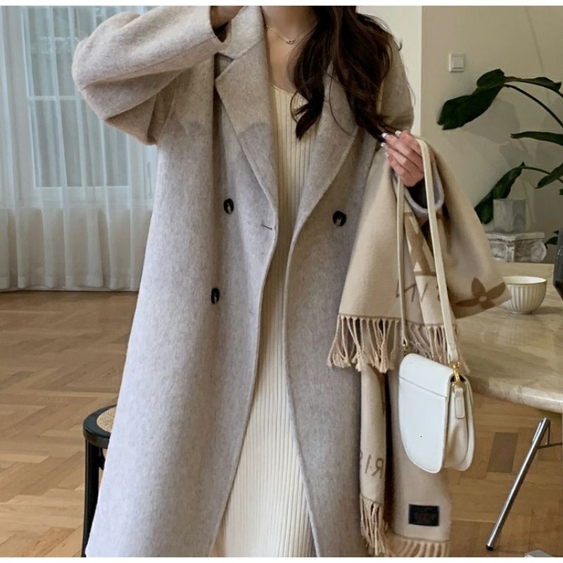 Womens Wool Blends Women Winter Woolen Overcoat Oat Color Doublesided Cashmere Coat Midlength Jacket Loose Cardigan Simple Outwear 230822