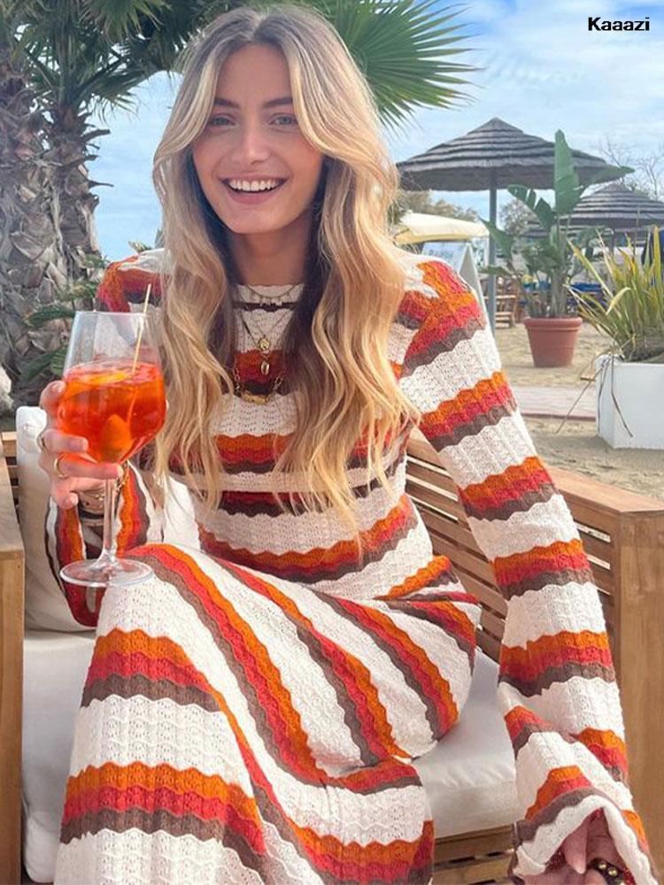 Urban Sexy Dresse Elegant Striped Backless Knitted Maxi Dress Female Flare Long Sleeve O Neck 2023 Summer Casual Vestidos 230821