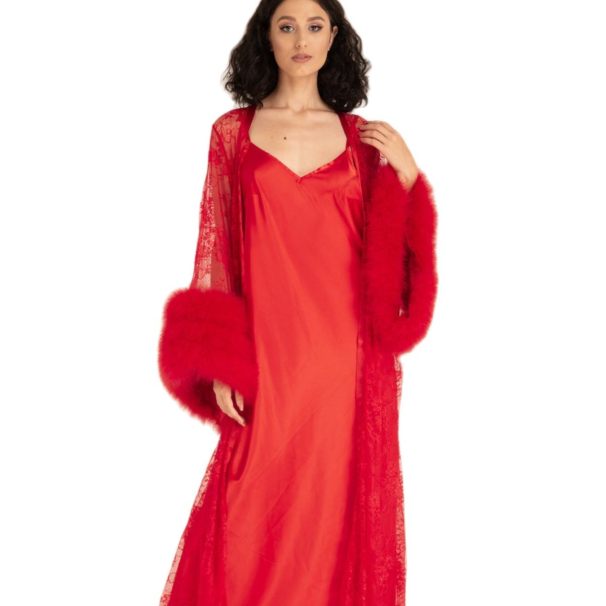 Red Satin Silk Bridal Robe Sleepwear Winter Fur Long SleeveWedding Evening Bathrobe Nightwear Custom Made Robe Gowns
