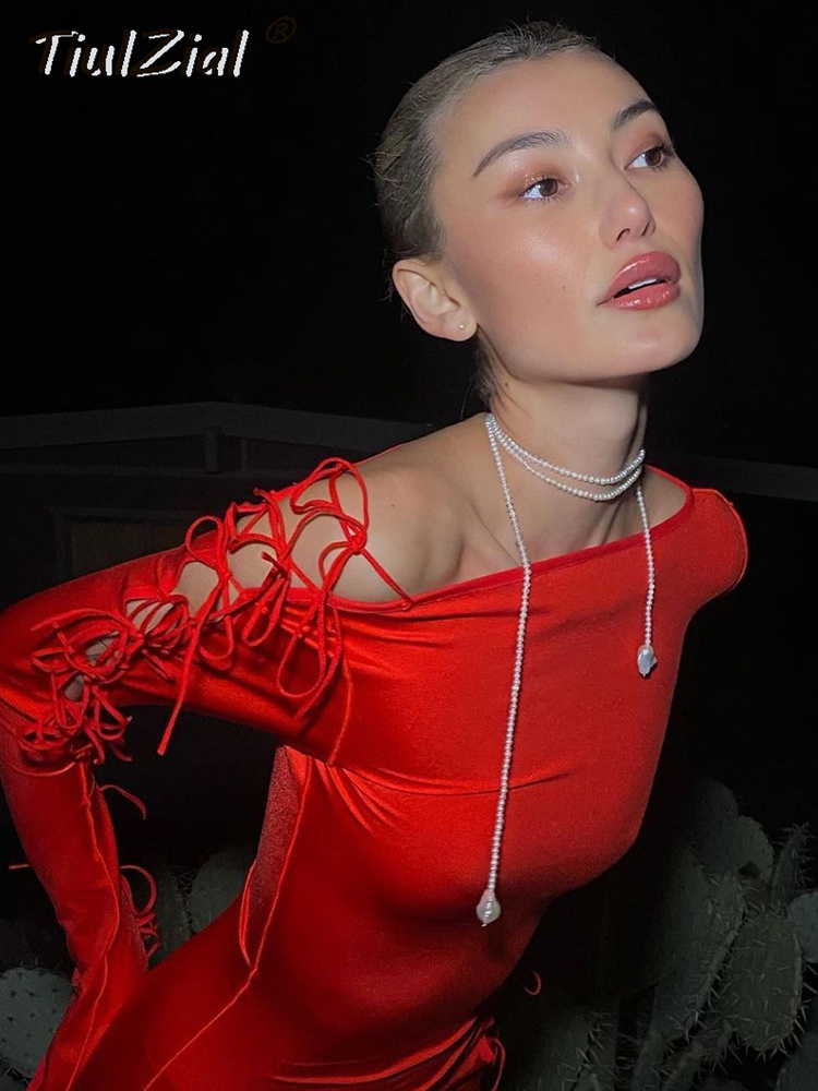 Urban Sexy Dresses TiulZial Red Hollow Out Stretchy Bandage Midi Dress 2023 Club Party Long Sleeve Bodycon Women Event Nightwear Outfits 230822