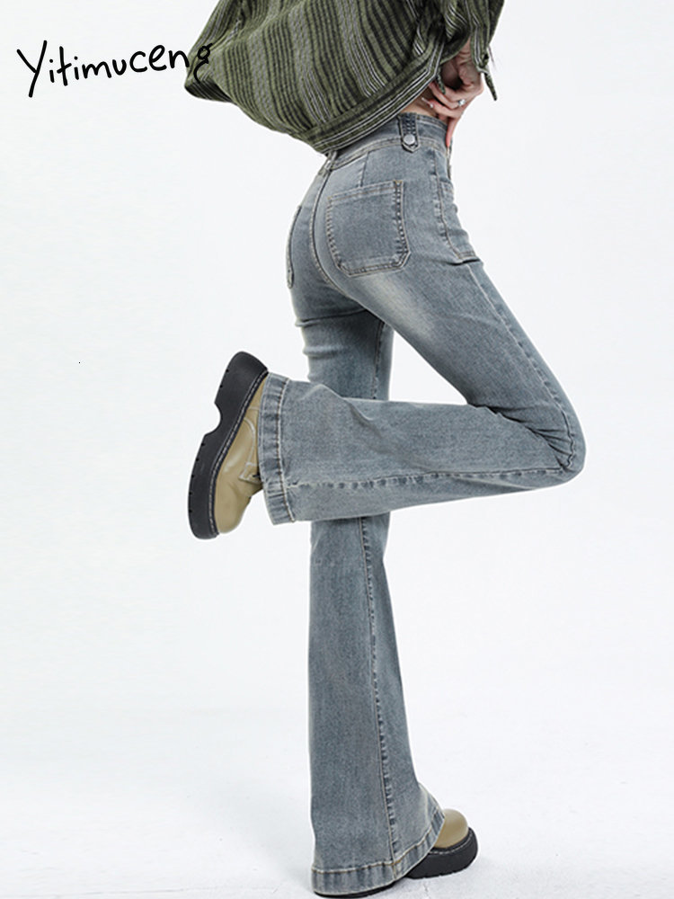 Women's Jeans Yitimuceng High Waisted for Women Stretch Vintage Streetwear Slim Skinny Washed Bleached Flare Pants Y2k 230821