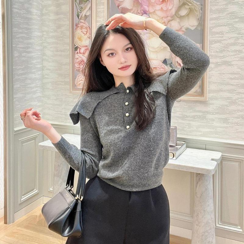 Women's Sweaters 2023 Autumn Ladies Pearl Button Bow Tie Long Sleeve Knitwear