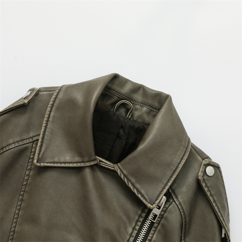 Women's Leather Faux Leather RARF style Women's washed leather jacket with belt short coat with downgraded zipper and vintage lapel jacket 2