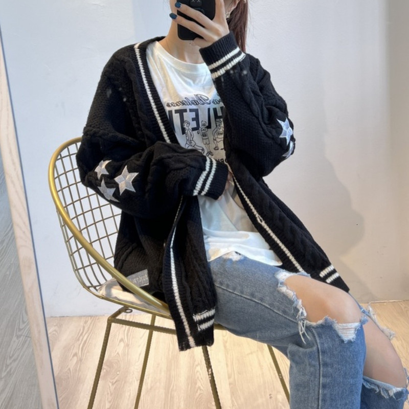 Womens Knits Tees Women Autumn Fashion V Neck Long Sleeve Star Embroidery Knitted Cardigan Ladies Casual Loose Single Breasted Vintage Sweater 230821