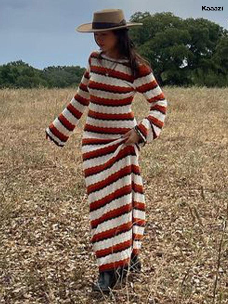 Urban Sexy Dresse Elegant Striped Backless Knitted Maxi Dress Female Flare Long Sleeve O Neck 2023 Summer Casual Vestidos 230821