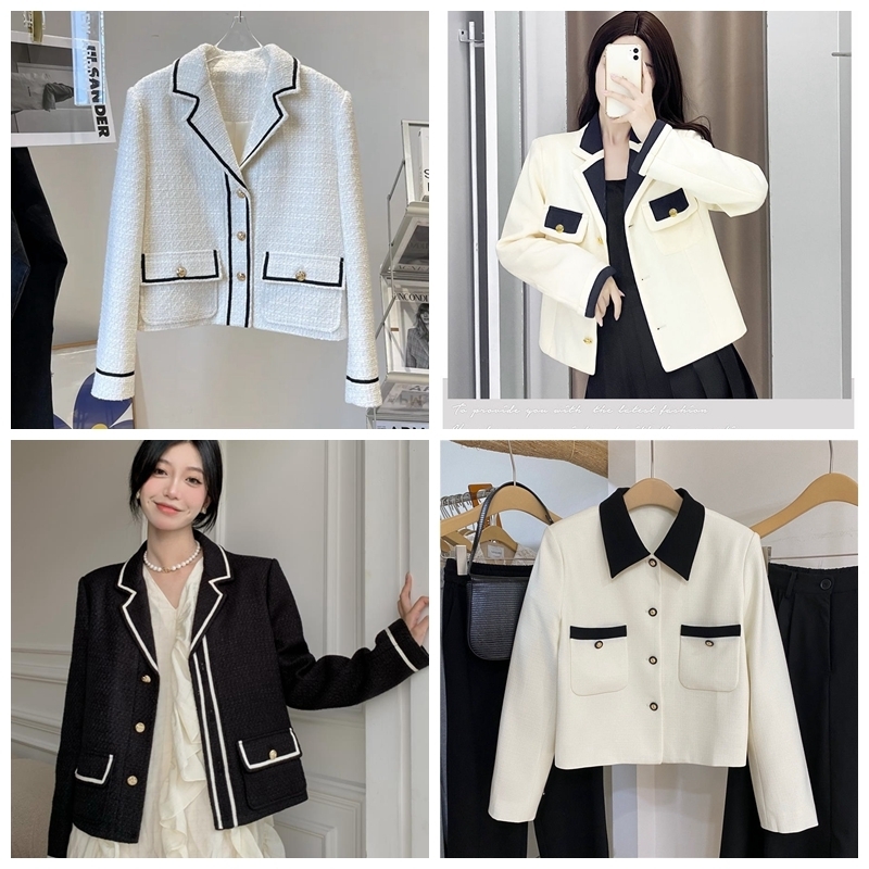 Women's Jackets Button Autumn Spring Loose Lattice Woolen Blazer Short Jacket Temperament Nylon Knitted Cardigan Outwear Female Office Lady 23082