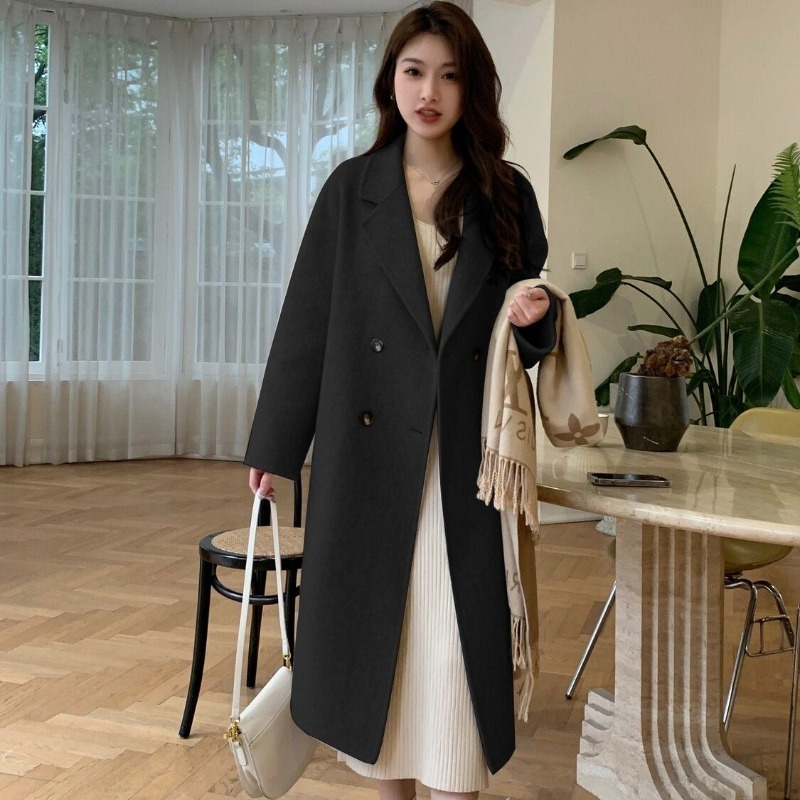 Womens Wool Blends Women Winter Woolen Overcoat Oat Color Doublesided Cashmere Coat Midlength Jacket Loose Cardigan Simple Outwear 230822