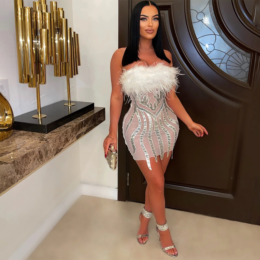 R&W plus size sexy Short Prom Dress Rhie Applique sequined feather Women Birthday Party Gowns Formal Ocn Dresses 2023 veet shiny tail gown