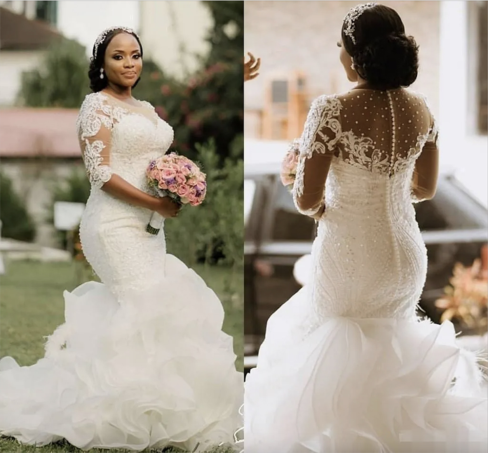 2023 Mermaid Wedding Dresses Luxury Beaded Crystals with 1/2 Half Sleeves Lace Applique Ruffles Sweep Train Custom Made Wedding Gown vestido