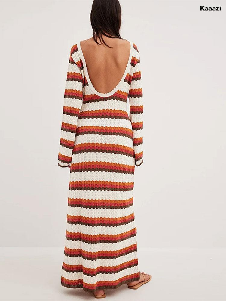Urban Sexy Dresse Elegant Striped Backless Knitted Maxi Dress Female Flare Long Sleeve O Neck 2023 Summer Casual Vestidos 230821
