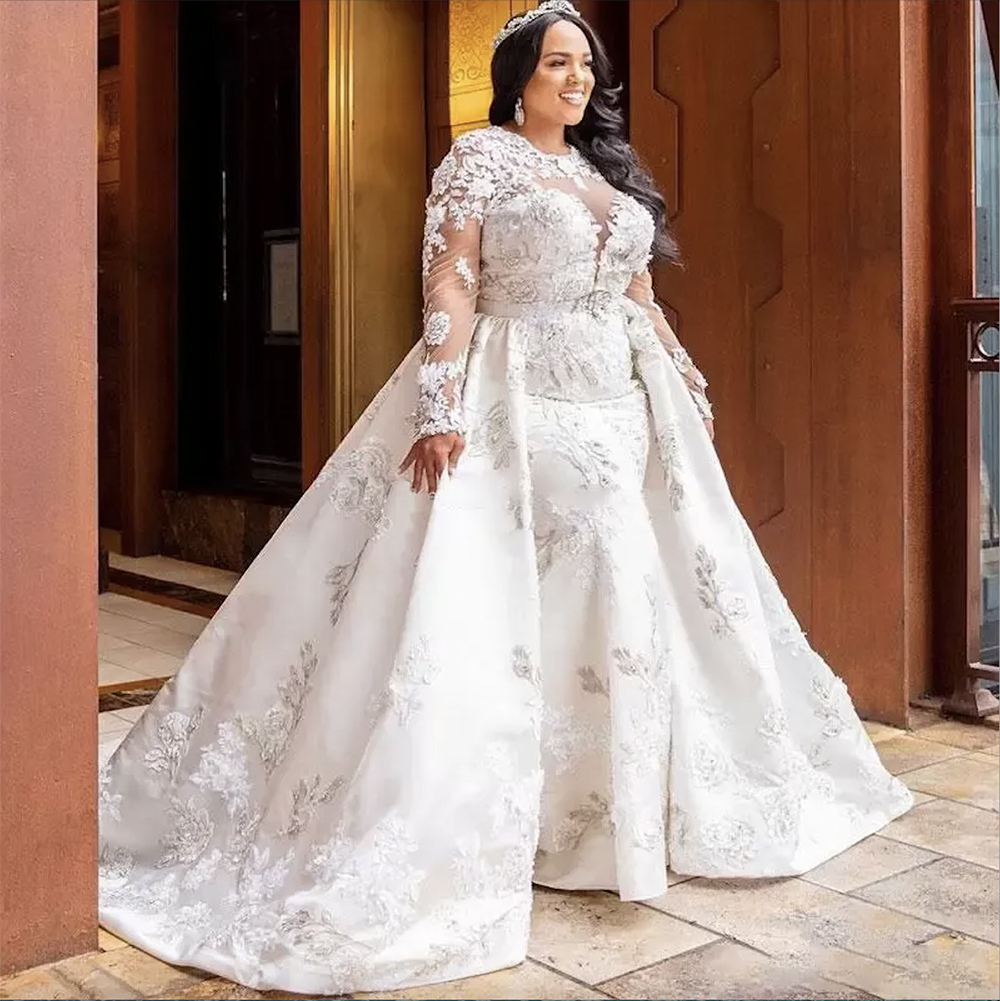 Gorgeous Plus Size Mermaid Wedding Dresses Bridal Gown with Detachable Train Long Sleeves Lace Applique Custom Made Jewel Neckline vestido de novia 20