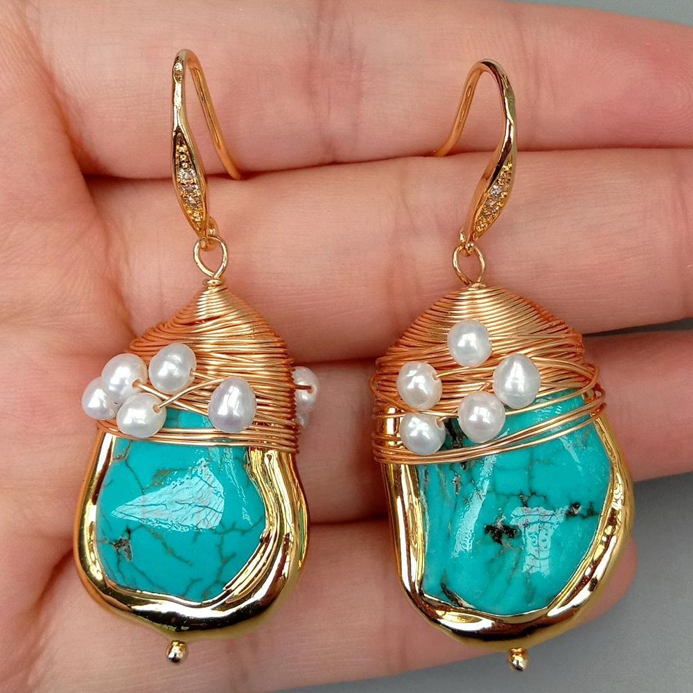Ear Cuff YYGEM 21x27mm Blue Turquoise Cultured White Pearl Gold Plated Twist Hook Dangle Earrings Stone Jewelry 230822