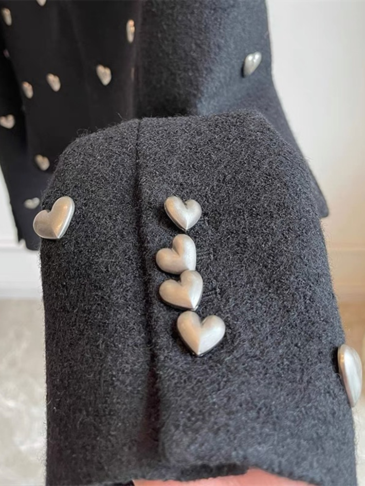 Womens Jackets Autumn Winter Fashion Heart Buckle Black Wool Tweed Short Jacket Coat Women Vintage Long Sleeve V Neck Wave Cardigan Outwear Top 230821