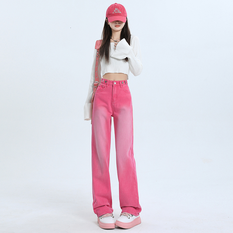 Women's Jeans Chic Autumn Y2K Korean Gradient Pink High Waist Straight Leg Denim Trousers 230821