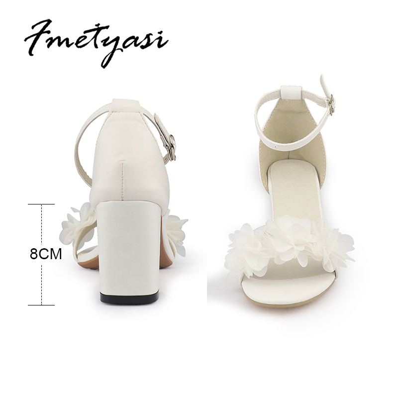 Dress Shoes White Women Heels Flower Sandals Summer Wedding Shoes Bride Shoes Black Thick Heels Party Shoes Fashion Open Toe Women Pumps 230822
