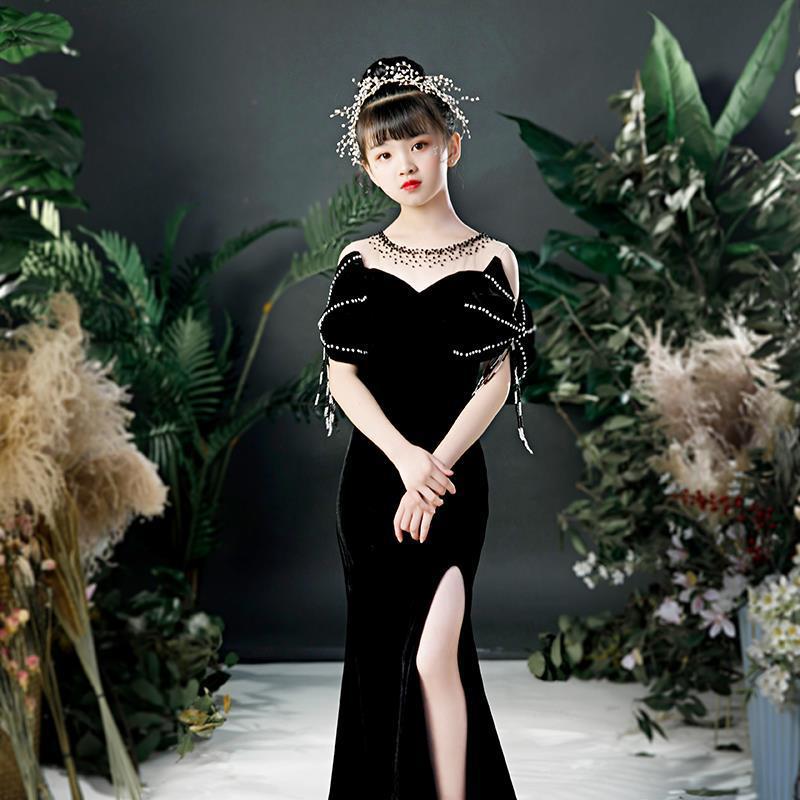 Veet Black Flower Girl For Wedding Long Mermaid Floral Appliques Girls Pageant Dress A Line Kids Birthday Gowns Princess Children Wed Party Dresses 40